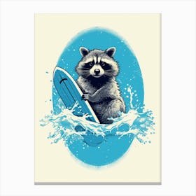 Raccoon Surfing Illustration Blue 2 Canvas Print