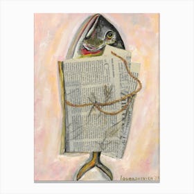 Fish Wrapped In Newspaper Sardine Coastal Minimal Retro Inspired Food Seafood For Kitchen Farmhouse  Canvas Print