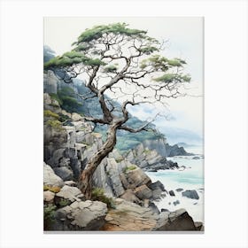 Tojinbo Cliffs In Fukui, Japanese Brush Painting, Ukiyo E, Minimal 3 Canvas Print