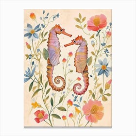 Folksy Floral Animal Drawing Seahorse Canvas Print