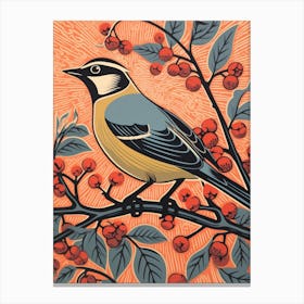 Vintage Bird Linocut Cedar Waxwing 3 Canvas Print