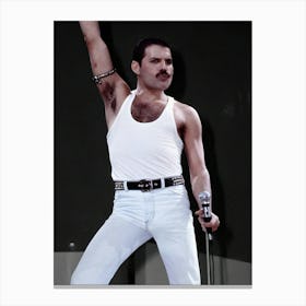 Freddie Mercury Of Queen Performs On Stage At Live Aid At Wembley Stadium On 13th July 1985 In London Canvas Print