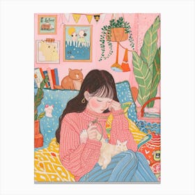 Girl Knitting Lo Fi Kawaii Illustration 2 Canvas Print