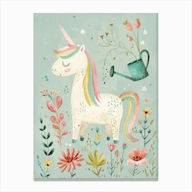 Cute Unicorn In The Garden With A Watering Can Canvas Print