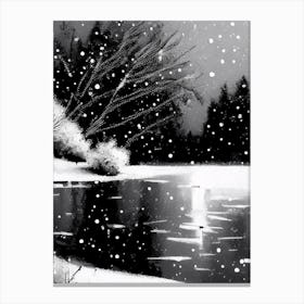 Snowflakes Falling By A Lake, Snowflakes, Black & White 2 Canvas Print