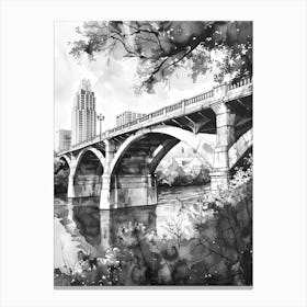 Congress Avenue Bridge Austin Texas Black And White Watercolour 4 Canvas Print