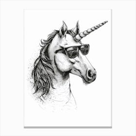 Unicorn In Sunglasses Black & White Illustration 2 Canvas Print