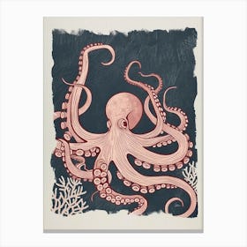 Linocut Inspired Red Octopus With The Coral 2 Canvas Print