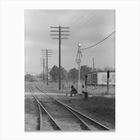 Men Sitting On Signal Tower Beside Railroad Track, Morgan City, Louisiana By Russell Lee Canvas Print