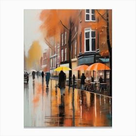 Amsterdam cafes, autumn season, rain, autumn oil colours.Faded colours,People passing on the street, winter clothes, rain umbrellas.1 1 Canvas Print