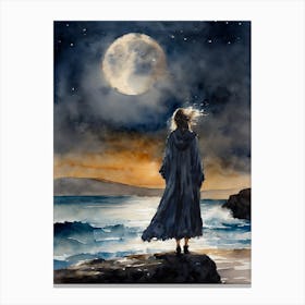 "Dissipate" A Grey Witch Allows the Ocean and Wind to Take her Worries Away and the Goddess of the Moon Illuminate Her Path - Pagan Witchcraft Yoga Fairytale Original Watercolor by Lyra the Lavender Witch - Air Element Drawing Down the Full Moon Canvas Print