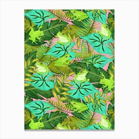 Hiding Tropical Tree Frogs in Green Foliage on Pink Canvas Print