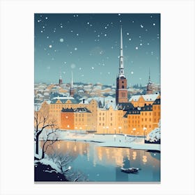 Winter Travel Night Illustration Stockholm Sweden 1 Canvas Print