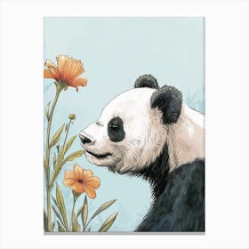 Giant Panda Sniffing A Flower Storybook Illustration 2 Canvas Print