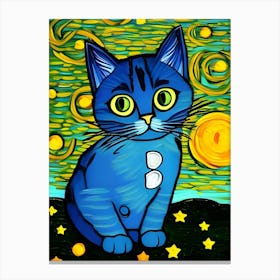 Blue Cat On Starry Night Canvas Print