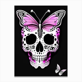 Skull With Butterfly Motifs Pink Doodle Canvas Print