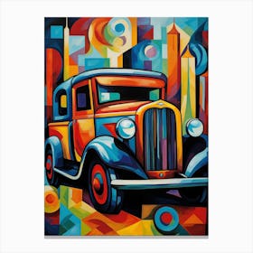 Vintage Old Truck I, Abstract Vibrant Colorful Painting in Cubism Style Canvas Print