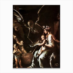 Human Fragility - Salvator Rosa (c1656) Rare Photographic Print Remastered "The Ultimate in Macabre Overstatement: A Newborn Baby Writes an Agreement with Death Acknowledging That Human Existence is Miserable and Brief" Almost 400 Years Old. Skeleton Skulls Satanic Horrorcore Witchcore Biblical Famous Cool Canvas Print
