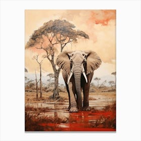 African Elephant In The Savannah Traditional Painting 3 Canvas Print