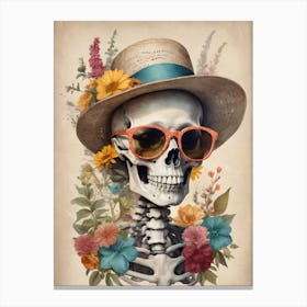 Vintage Floral Skeleton With Hat And Sunglasses (46) Canvas Print
