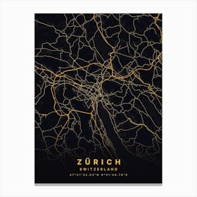 Zurich Switzerland Black And Gold Map Canvas Print