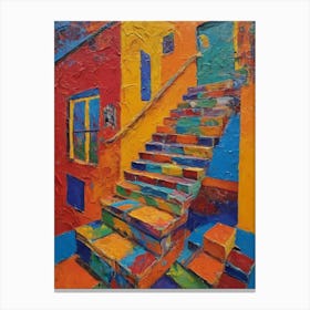 A Painting Of A Colorful Staircase And Orange And Red Buildings Canvas Print