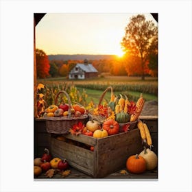 An Inviting Rustic Farm With Vegetables Like Corn Pumpkins Squash Elegantly Arranged In A Wooden B Canvas Print