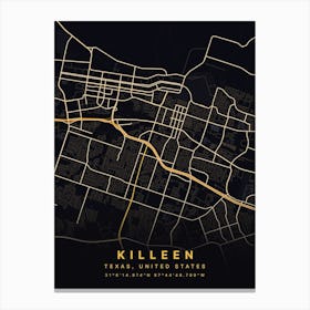 Killeen Texas USA Black And Gold Map Canvas Print