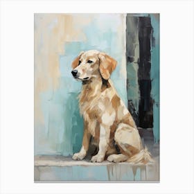Golden Retriever Dog, Painting In Light Teal And Brown 1 Canvas Print