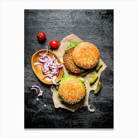 Burgers and tomatoes — Food kitchen poster/blackboard, photo art Canvas Print