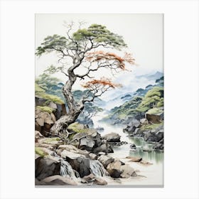 Sounkyo Gorge In Hokkaido, Japanese Brush Painting, Ukiyo E, Minimal 1 Canvas Print