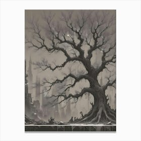 Large Black And White Tree In Front Of A Foggy Cityscape Canvas Print