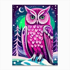 Pink Owl Snowy Landscape Painting (254) Canvas Print