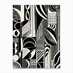 Mid Century Inspired Linocut Abstract Black And White art, 122 Canvas Print