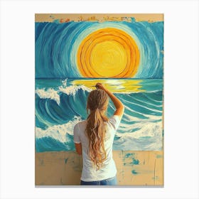 Young Girl Painting A Of A Sun Over The Ocean With Waves 1 Canvas Print