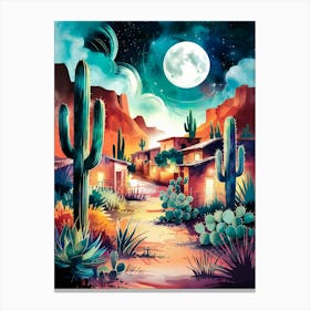 Desert Art: Vibrant watercolor painting of a moonlit adobe village surrounded by cacti and desert plants under a starry sky. Perfect for Southwestern charm and mystical vibes Canvas Print