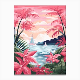 An Illustration In Pink Tones Of  Of Sailboats And Fern Vines 2 Canvas Print
