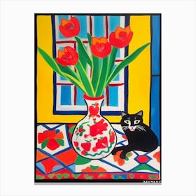 Painting Of A Still Life Of A Tulips With A Cat In The Style Of Matisse 2 Canvas Print