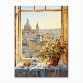 Window View Of Valletta Malta In Autumn Fall, Watercolour 1 Canvas Print