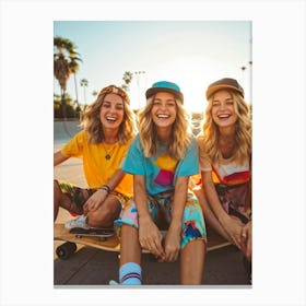 A Joyous Group Of Three Caucasian Female Skateboarders Hipster In Style Smiling Radiantly Sitting (1) Canvas Print