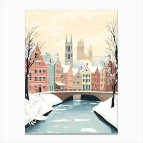 Vintage Winter Travel Illustration Bruges Belgium 8 Canvas Print