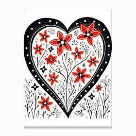 Heart Red & Black Linocut Style White Background 6 Canvas Print