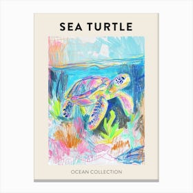 Colourful Sea Turtle Exploring Deep Into The Ocean Crayon Doodle Poster 3 Canvas Print
