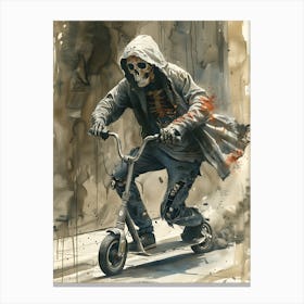 Skeleton On A Scooter Canvas Print