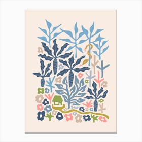 SNAKE IN THE GRASS-3 Tropical Floral Botanical with Jungle Palm Trees and Flowers in Pastel Pink Blue Green and Gray Canvas Print