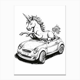 Unicorn In A Car Black And White Illustration 2 Canvas Print