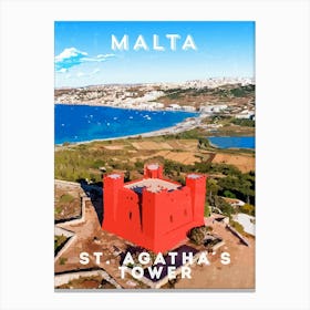 Malta, St.Agatha's tower/Red tower — Retro travel minimalist poster Canvas Print