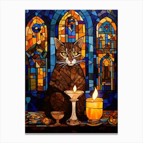 Stained Glass Cat In Church With Candles Canvas Print