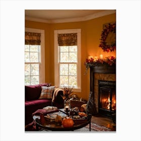 Autumn Themed Cozy Living Room Warm Golden Light Bathing The Room Soft Textures Of Plush Pillows N (6) Canvas Print