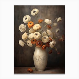 Ranunculus, Autumn Fall Flowers Sitting In A White Vase, Farmhouse Style 4 Canvas Print